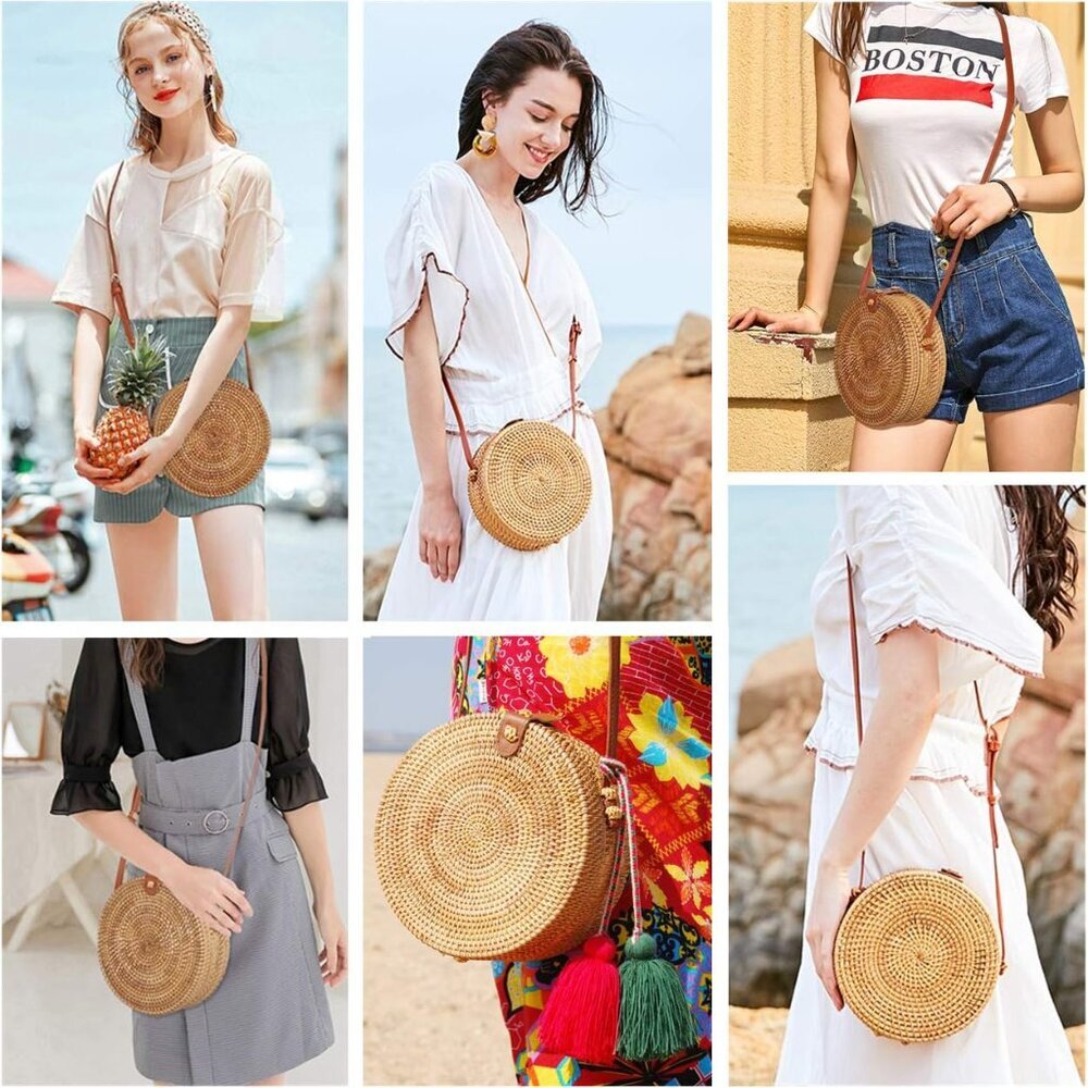 Handwoven Round Rattan Bag for Women Bali Ata Straw Bags Adjustable Shoulder Lea - Picture 2 of 7